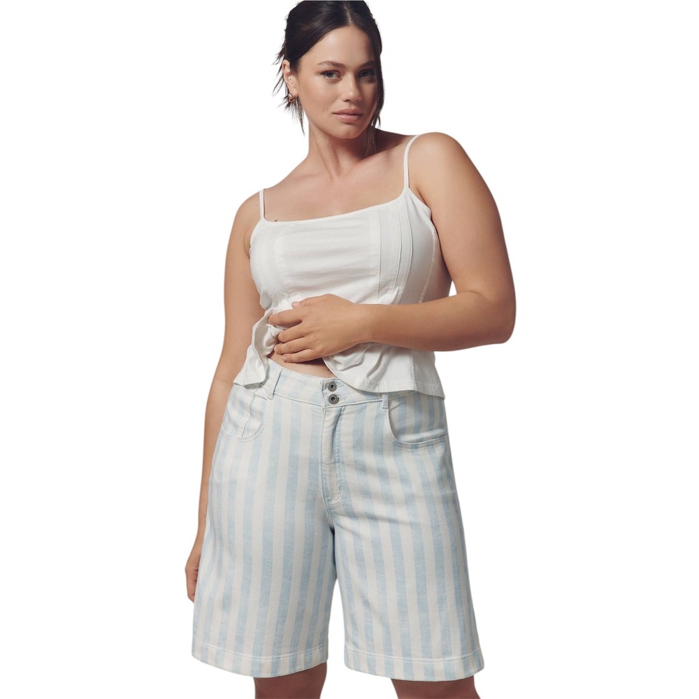 Anthropologie Maeve Blue White Striped Denim Bermuda High Waisted Shorts Size 31